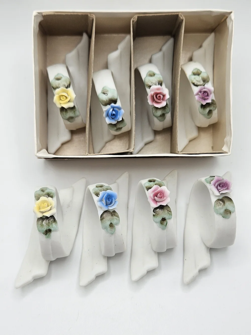 VINTAGE Vintage Lefton Japan Porcelain Pastel Flower Floral Napkin Rings Set 8